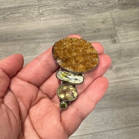 Large Druzy Quartz Pearl Citrine and Peridot Sterling Silver Pendant Slide - Picture 3 of 4